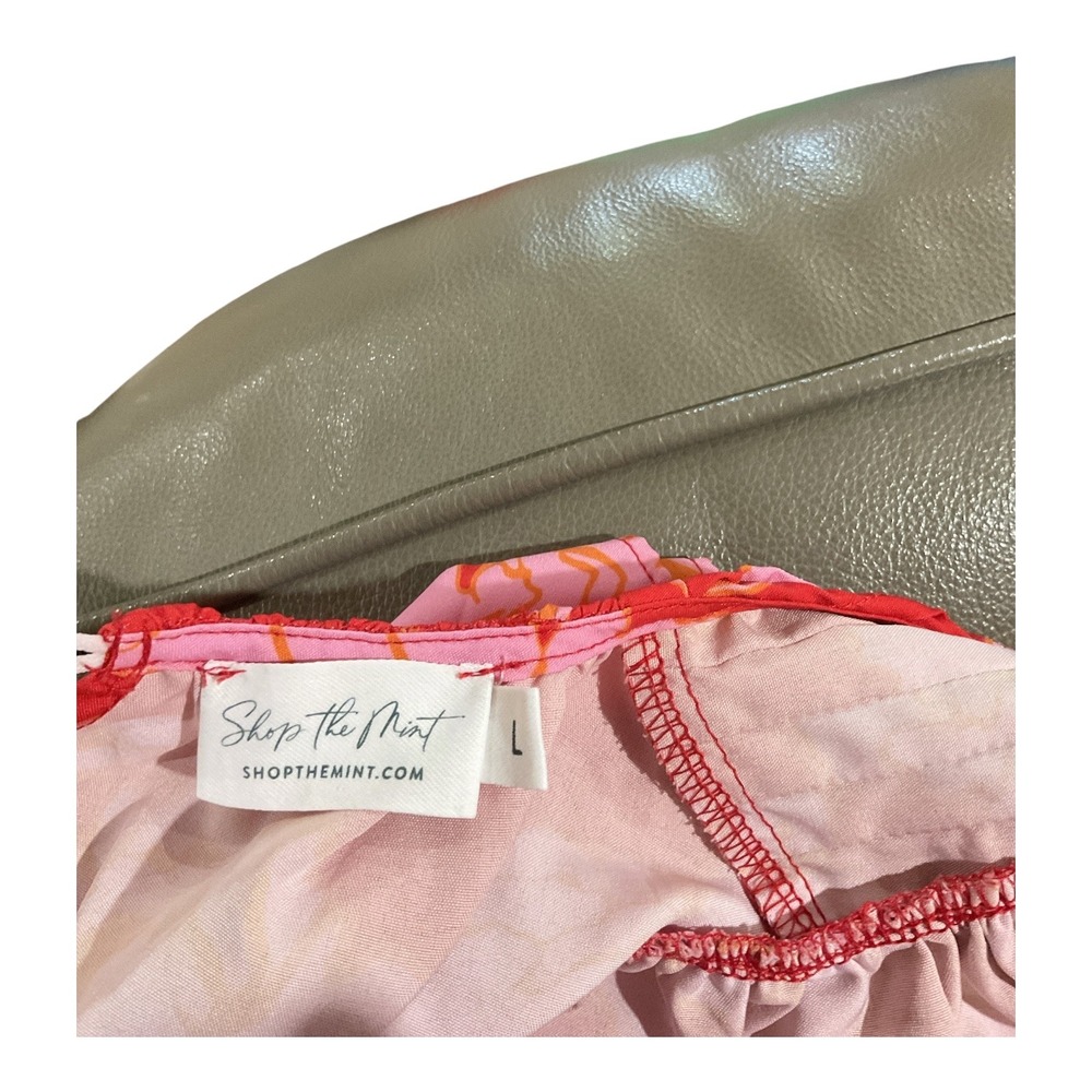 Shop The Mint Floral Babydoll Blouse Red Pink Flutter Sleeve Pleated Top Large - Picture 4 of 4